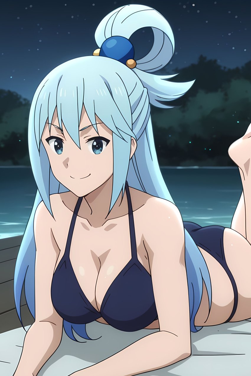 ai_generated aqua_(konosuba) ass bikini blue_eyes blue_hair breasts female girl kono_subarashii_sekai_ni_shukufuku_wo! lake looking_at_viewer night pinku.ai