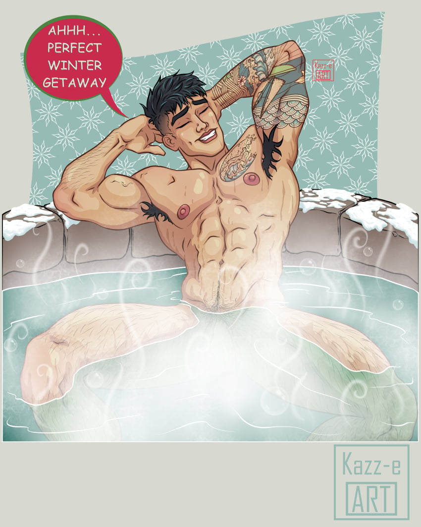 1boy 1male abs armpit_hair armpits arms_up asian_male ass bath bathing black_hair closed_eyes hot_spring japanese_male kazz-e_art male male_only mizo_(kazz-e_art) pecs pin_up relaxing tattoo teasing text_bubble xmas