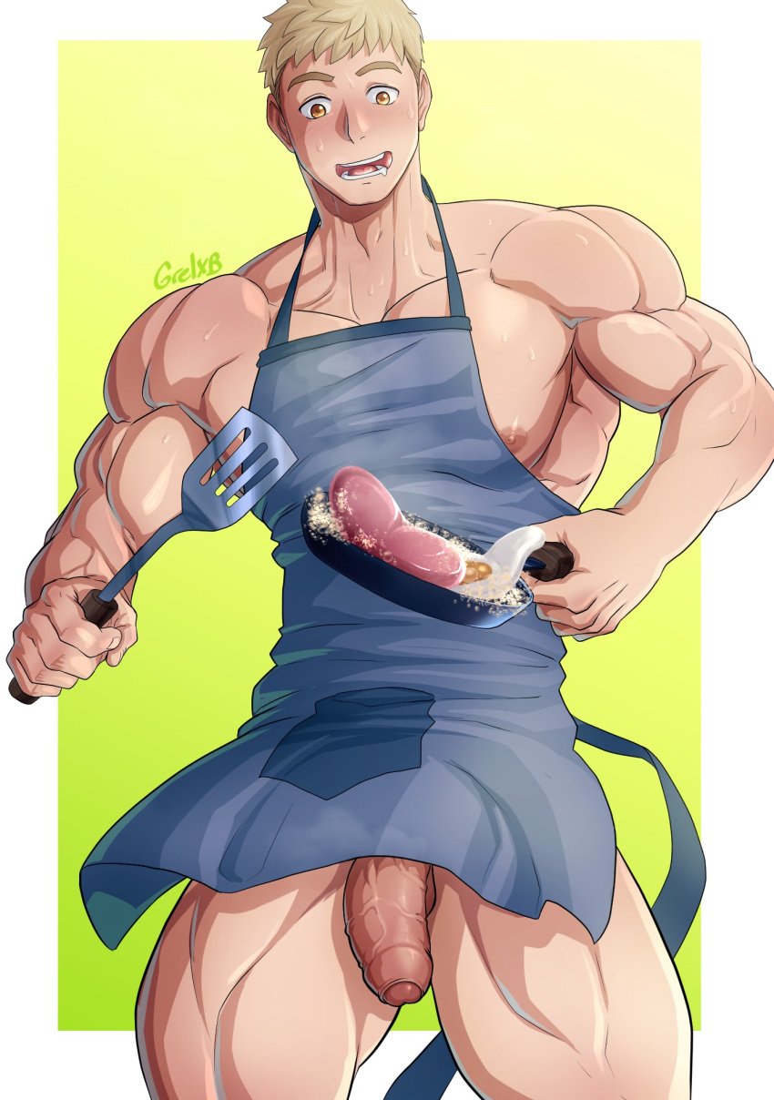 1boy alternate_muscle_size apron artist_name bara blonde_hair border commentary dungeon_meshi english_commentary foreskin frying_pan gradient_background grelxb highres holding holding_frying_pan holding_spatula laios_touden large_pectorals large_penis male_focus muscular muscular_male naked_apron nipple_slip nipples pectorals penis short_hair solo spatula thighs uncensored veins veiny_penis white_border yellow_eyes