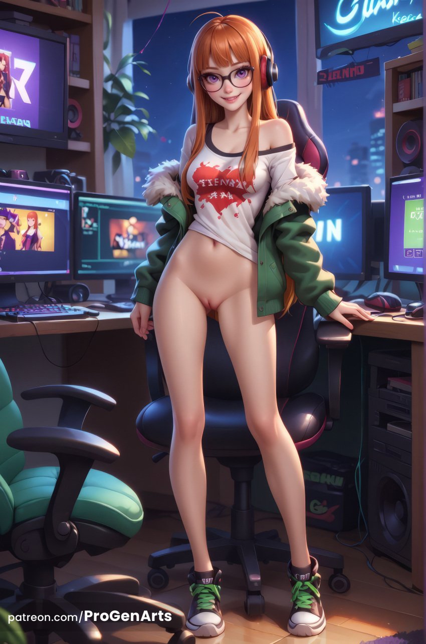 1girls ahoge ai_generated atlus behind-the-head_headphones blunt_bangs bottomless breasts chair collarbone computer desk full_body fur-trimmed_jacket fur_trim gaming_chair glasses green_jacket headphones hi_res indoors jacket keyboard_\(computer\) lips long_hair looking_at_viewer medium_breasts monitor mouse_\(computer\) navel off-shoulder_shirt off_shoulder office_chair orange_hair patreon_username persona persona_5 persona_5_royal poster_\(object\) progenarts purple_eyes pussy sakura_futaba shirt shoes smile sneakers solo standing swivel_chair t-shirt teeth uncensored white_shirt window