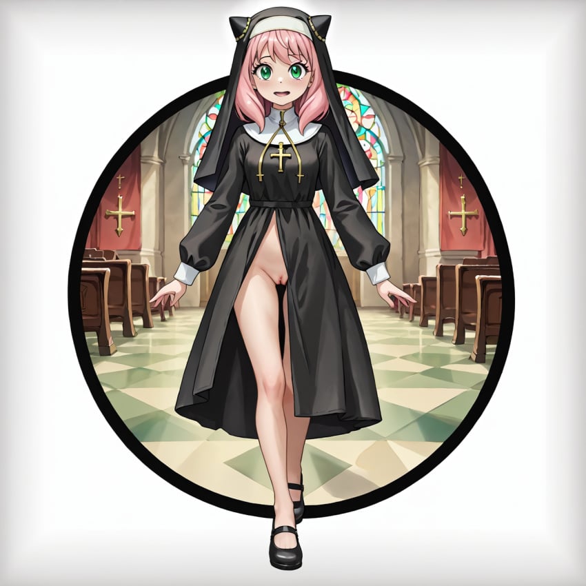 1girls aged_up ai_generated anya_forger church church_interior exposed_pussy female green_eyes human looking_at_viewer nun nun_outfit pink_hair pussy spy_x_family tagme