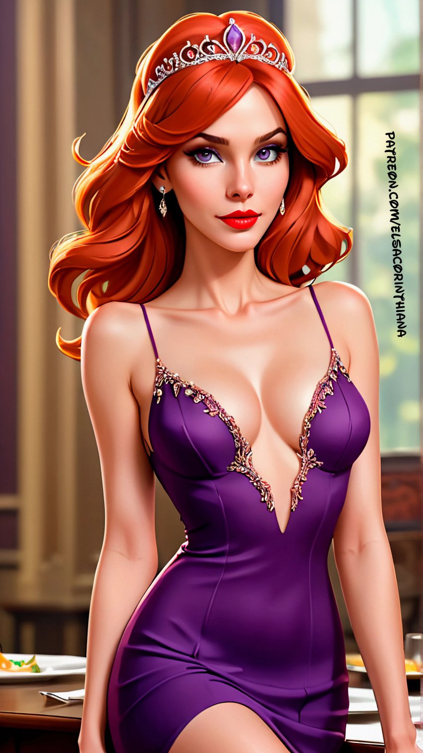 1girls 1woman ai_generated big_breasts breasts catoon coconut daphne_blake dinner disney elsacorinthiana female female_only high_quality horny low_cut_dress navel nude_female nudist nudity orange_hair outdoor_nudity patreon patreon_link patreon_url posing purple_dress purple_eyes scooby-doo scooby-doo_(series) semi-naked semi_naked semi_nude skinny skinny_girl smile standing thin thin_body thin_female tiara white_skin