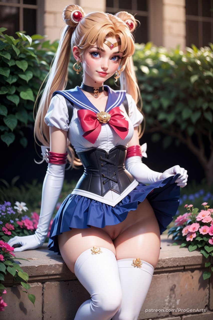 1girls ai_generated artist_name bishoujo_senshi_sailor_moon blonde_hair blue_eyes blue_sailor_collar blue_skirt blurry bow breasts choker clothes_lift collarbone corset crescent crescent_earrings double_bun earrings elbow_gloves flower gloves hair_bun heart_choker hi_res jewelry lifted_by_self lips long_hair looking_at_viewer magical_girl medium_breasts no_panties outdoors patreon_username pleated_skirt progenarts puffy_short_sleeves puffy_sleeves pussy red_bow sailor_collar sailor_moon sailor_senshi_uniform short_sleeves sitting skirt skirt_lift smile solo thighhighs twintails uncensored usagi_tsukino web_address white_gloves white_thighhighs