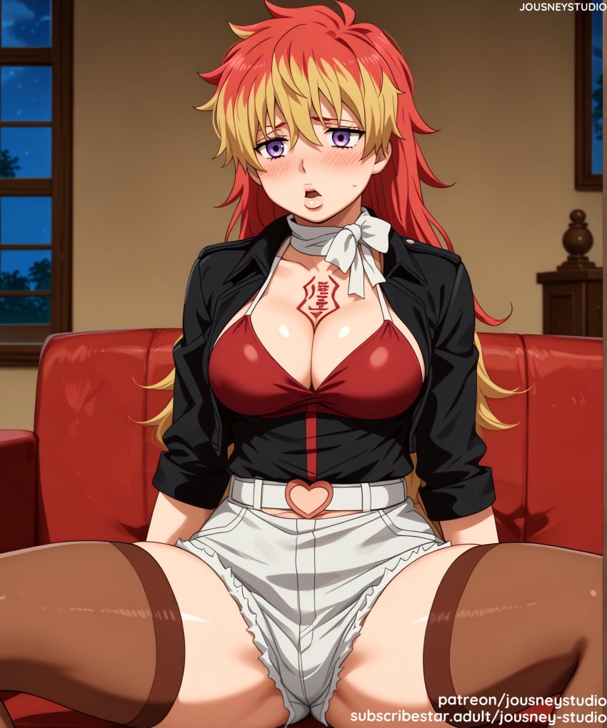 ai_generated ao_no_exorcist bangs belt black_legwear black_thighhighs blonde_hair blush breasts cleavage clothing couch denim denim_shorts female female furniture indoors jacket jousneystudio kirigakure_shura large_breasts leather_jacket legwear long_hair long_sleeves looking_at_viewer multicolored_hair open_clothes open_jacket open_mouth purple_eyes red_hair shirt short_shorts shorts sitting solo spread_legs thighhighs thighs underwear window