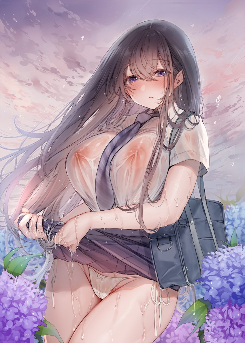 after_rain amane_ruri bag black_hair black_necktie black_skirt blue_flower blush breasts cameltoe commentary_request crossed_bangs diagonal-striped_clothes diagonal-striped_necktie female field flower flower_field hair_between_eyes highres huge_breasts hydrangea long_hair looking_at_viewer necktie nipples no_bra original outdoors panties parted_lips pleated_skirt purple_eyes purple_flower rain school_bag school_uniform see-through_clothes see-through_shirt shirt short_sleeves side-tie_panties skirt solo standing striped_clothes underwear wet wet_clothes wet_shirt wet_skirt white_panties white_shirt wringing_clothes wringing_skirt