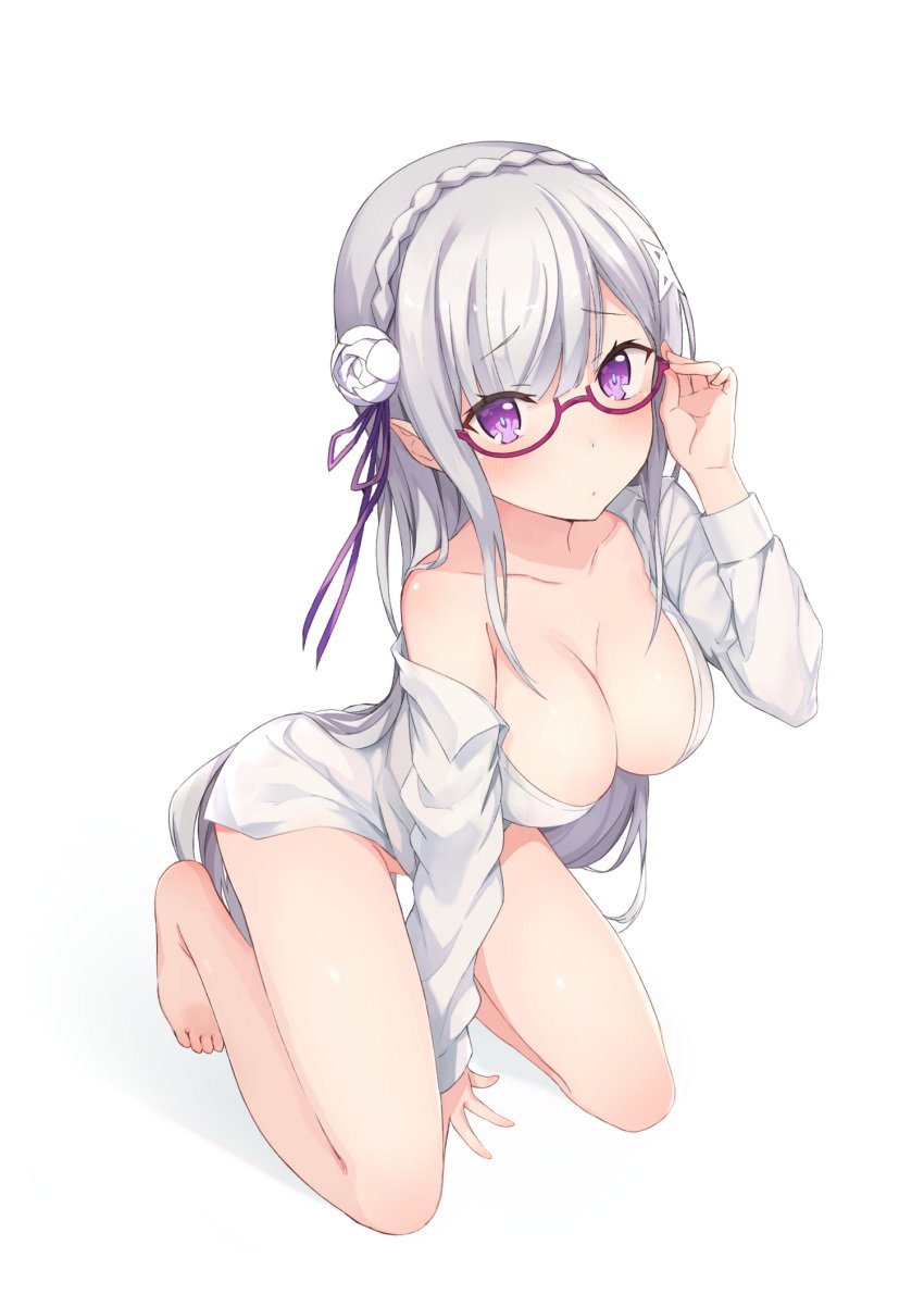 arm_between_legs bare_legs bare_thighs barefoot big_breasts blush body_blush braided_hair breasts cleavage collarbone dress_shirt echiru39 elf emilia_(re:zero) feet glasses long_hair long_sleeves naked_shirt no_bra no_panties no_pants off_shoulder on_knees open_shirt parted_lips pointy_ears purple_eyes re:zero_kara_hajimeru_isekai_seikatsu shiny_skin thighs toes white_hair