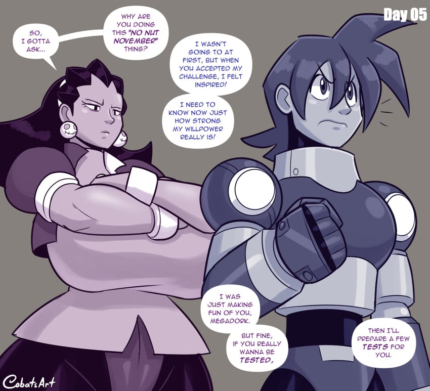 1boy 1female 1girls cobatsart english_text female male mega_man mega_man_legends mega_man_volnutt solo_female speech_bubble tagme text text_bubble tron_bonne twitter_link