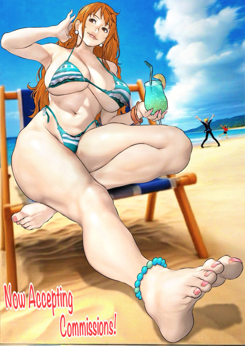 anklewear b_0_rukia beach beach_chair bikini bracelet clothed_female clothing drink earings feet female female_focus holding_drink male monkey_d_luffy nami one_piece orange_hair text vinsmoke_sanji