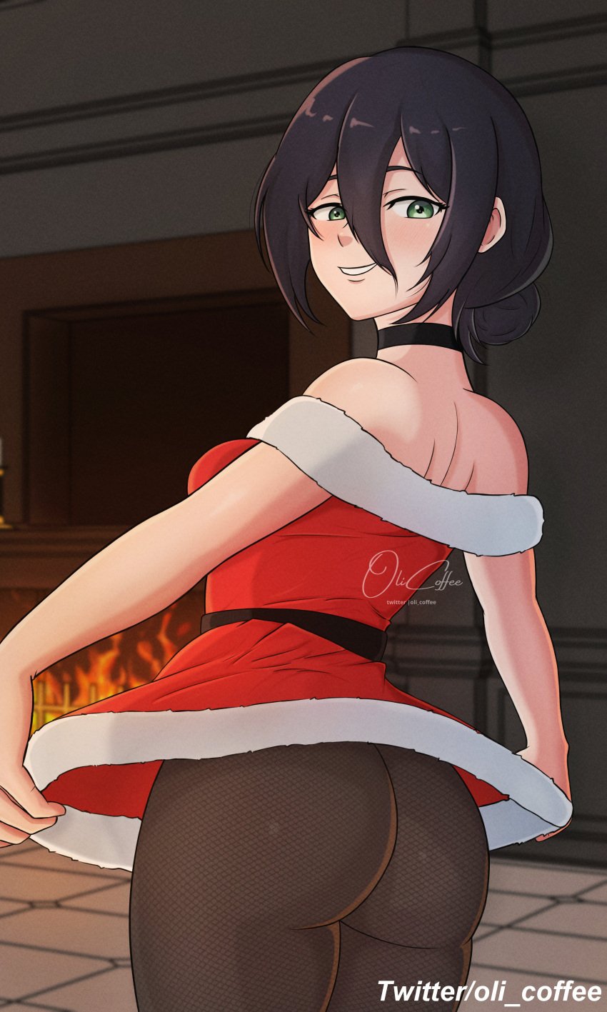 ass ass ass_bigger_than_head ass_focus ass_grab back_view big_thighs bubble_butt butt_focus chainsaw_man choker christmas christmas_clothing christmas_outfit curvy curvy_ass curvy_body curvy_female curvy_figure detailed_background green_eyes olicoffee partially_clothed partially_clothed_female partially_nude plump_ass purple_hair reze_(chainsaw_man) russian russian_girl short_hair skirt skirt_lift skirt_up small_breasts solo solo_female solo_focus thick_ass thick_legs thick_thighs tights