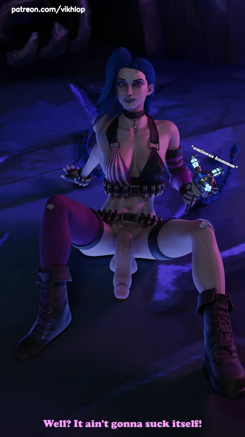 3d blender blue_hair blue_hair_female bottomless dubious_consent english english_text futanari gun jinx_(league_of_legends) vikhlop