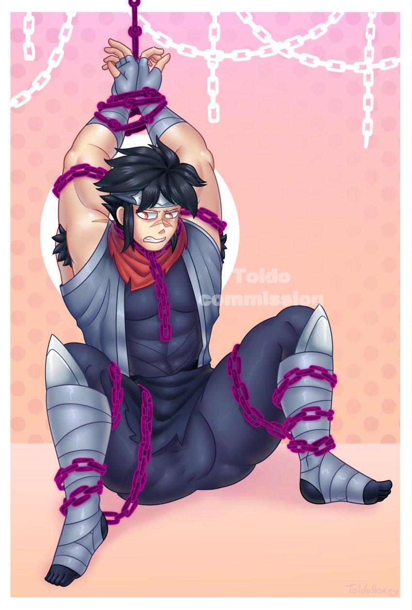 brawlhalla bulge bulge_through_clothing bulge_under_clothes chained_collar chained_up chains jiro_(brawlhalla) male male_focus male_only toldohorny