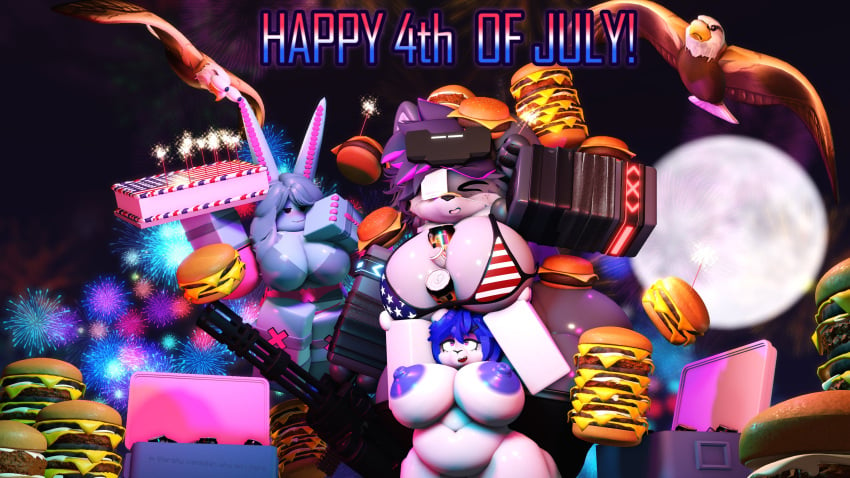 3d 3girls 4th_of_july american_flag_bikini anthro areolae big_breasts breasts caffinatedbuns cheeseburger chubby dirty_deeds_done_dirt_cheap eagle fireworks gun guns huge_breasts minigun nipples roblox robloxian rule_63 tagme text video_games