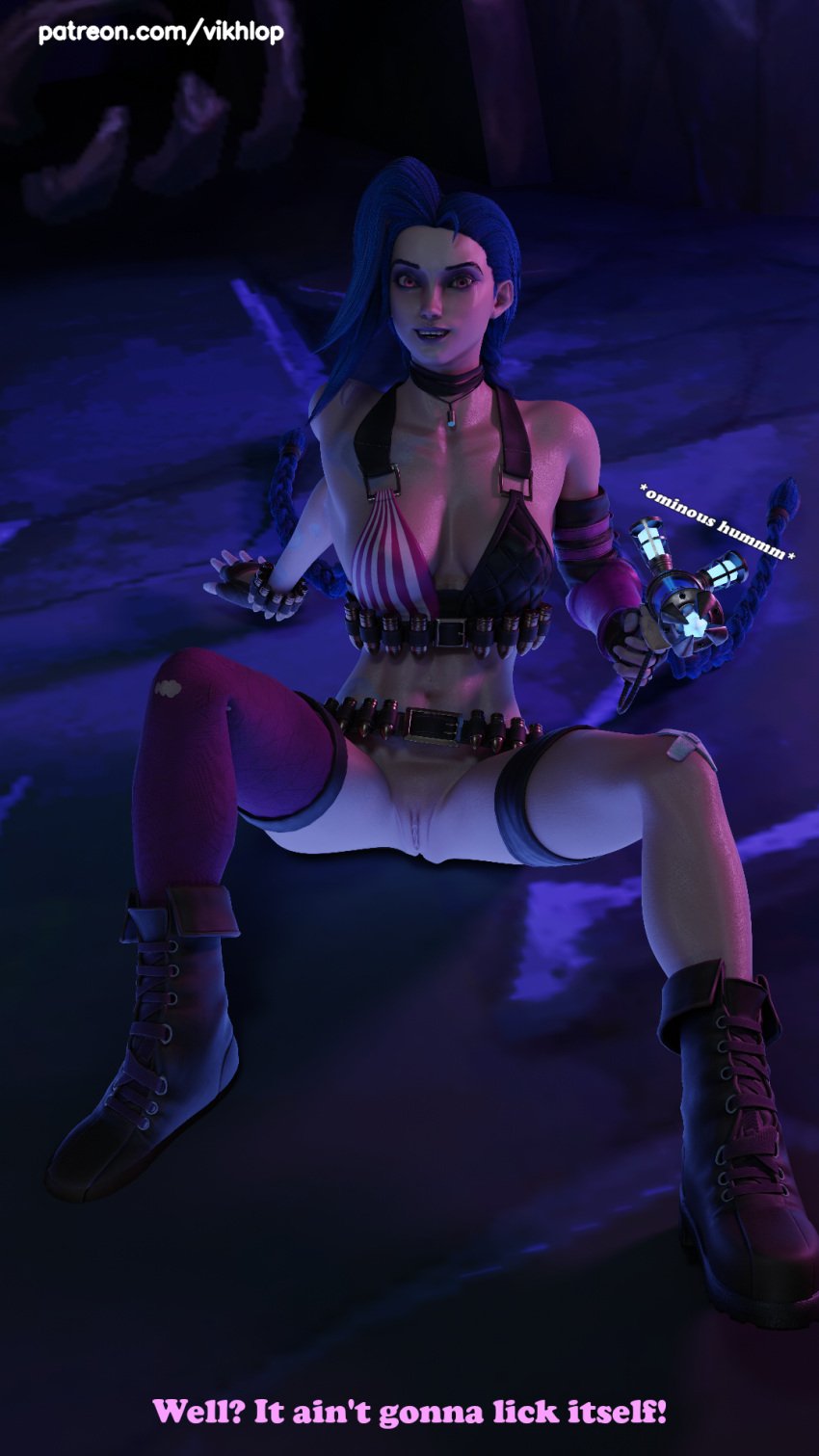 3d blender blue_hair blue_hair_female bottomless dubious_consent eye_contact gun jinx_(league_of_legends) pov vikhlop