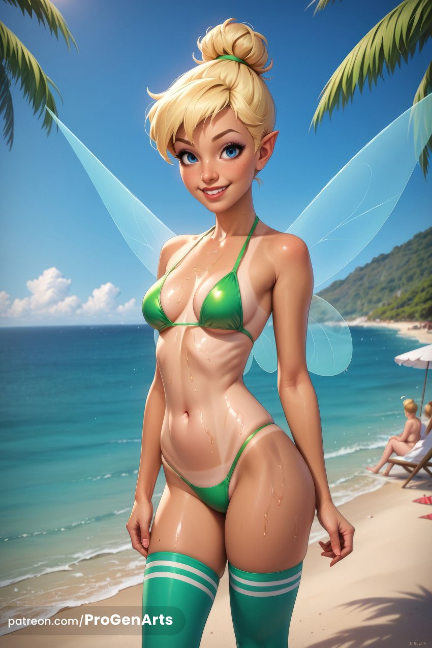 1boy 1boy1girl 1girls 2girls ai_generated artist_name beach beach_chair bikini blonde_hair blue_eyes blue_sky body_freckles breasts day disney fairy fairy_wings green_bikini green_thighhighs hair_bun hi_res lips looking_at_viewer medium_breasts multiple_girls navel ocean outdoors palm_tree patreon_username peter_pan_(disney) pointy_ears ponytail progenarts shiny_skin short_hair single_hair_bun sky small_breasts smile solo_focus standing swimsuit tan tanlines teeth thighhighs tinker_bell tree water web_address wet wings