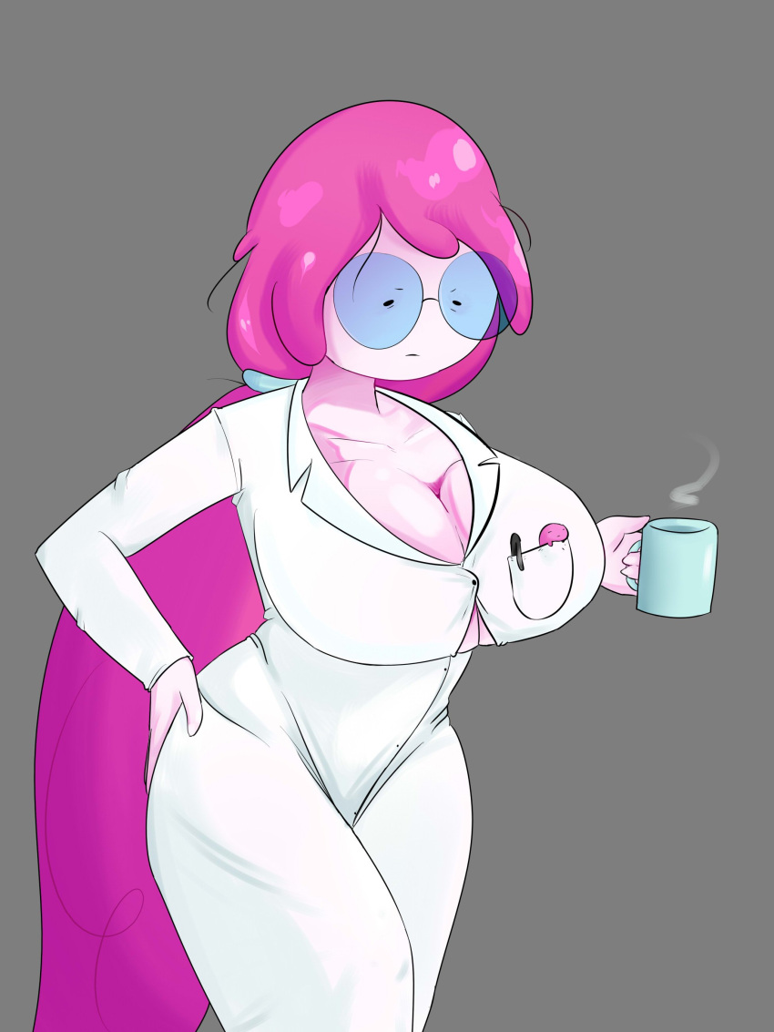 adventure_time big_breasts coffee glasses pachalt pink_hair pink_skin princess_bubblegum scientist tired