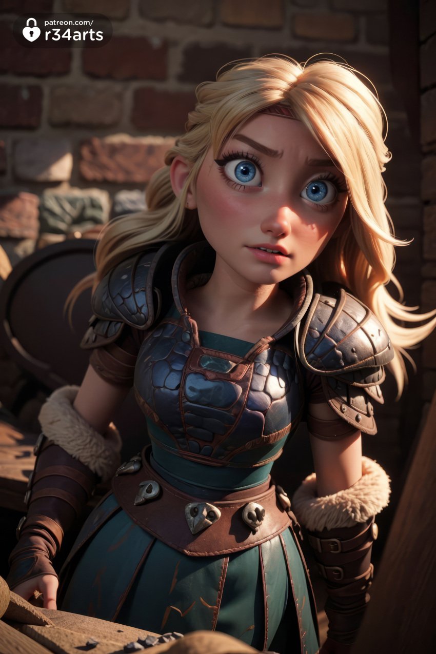 1girls ai_generated armor artist_name astrid_hofferson blonde_hair blue_eyes blurry breastplate brick_wall brown_gloves dreamworks freckles fur_trim gloves hi_res how_to_train_your_dragon indoors lips long_hair looking_at_viewer parted_lips r34arts shoulder_armor solo