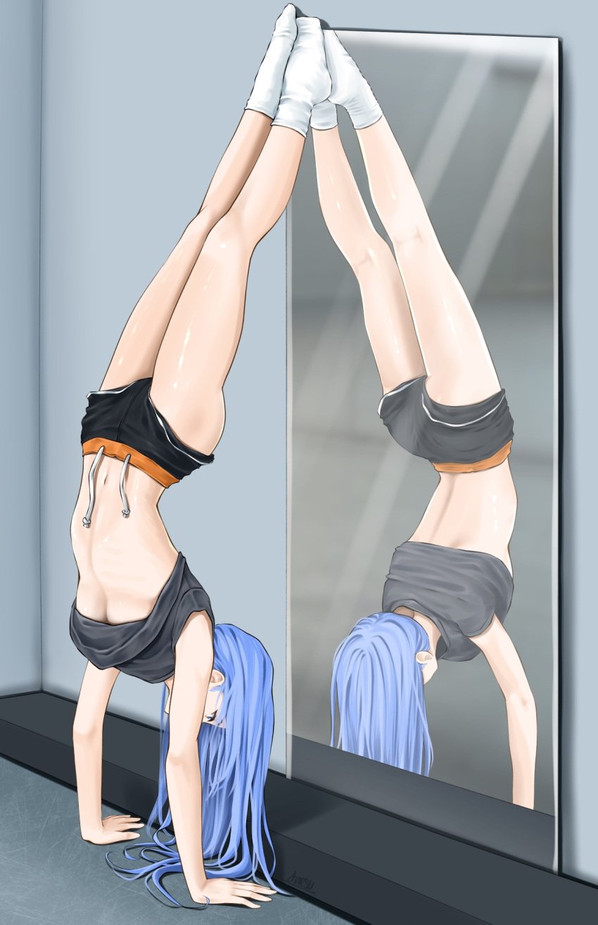 1girls blue_hair chaesu legs_up long_hair mirror multiple_views navel reflection shiny_skin tagme underboob upside-down