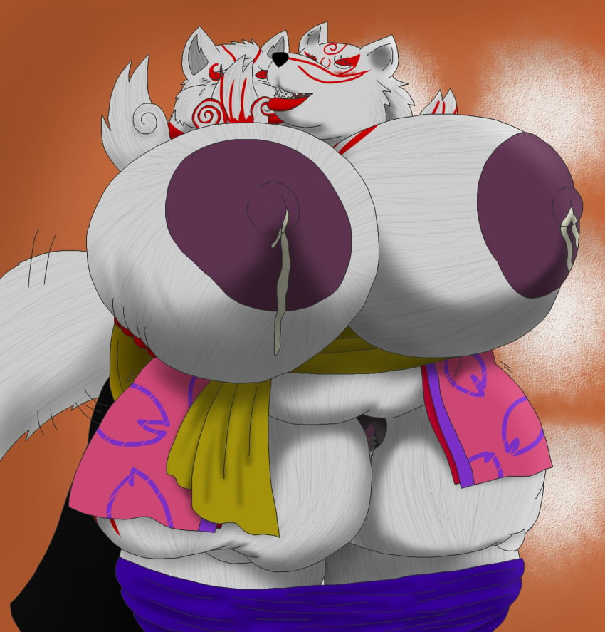 alythewolfcat amaterasu amaterasu_(okami) anthro areola asian_clothing big_areola big_breasts bodily_fluids breasts canid canine canis capcom clothing duo east_asian_clothing female fox fur fur_markings hi_res huge_areola huge_breasts huge_hips hyper hyper_breasts japanese_clothing kimono lips mammal markings milk ninetails_(okami) nipples okami okami_(capcom) romantic romantic_couple seductive tail tail_motion tailwag thick_bottom_lip toshimi white_body white_fur wide_hips wife_and_wife wolf