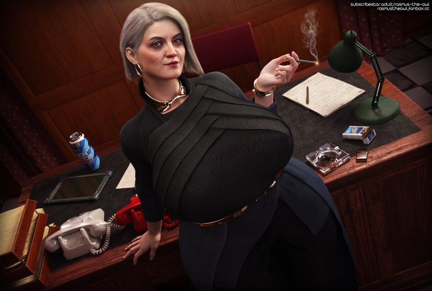 1girls 3d agatha_leshkiv big_breasts bracelet cigarette desk earrings grey_hair gsc_gameworld huge_breasts necklace older_female olena_kurta rasmus-the-owl room s.t.a.l.k.e.r. s.t.a.l.k.e.r._2:_heart_of_chornobyl thick_thighs white_hair wide_hips