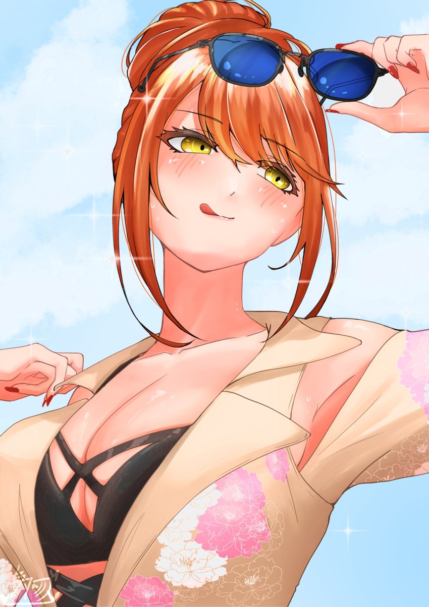 1girls armpits big_breasts breasts clothed cloud d4dj eyewear_removed hair_up japanese_text kapushino outdoors seto_rika sparkles sunglasses text tongue tongue_out watermark