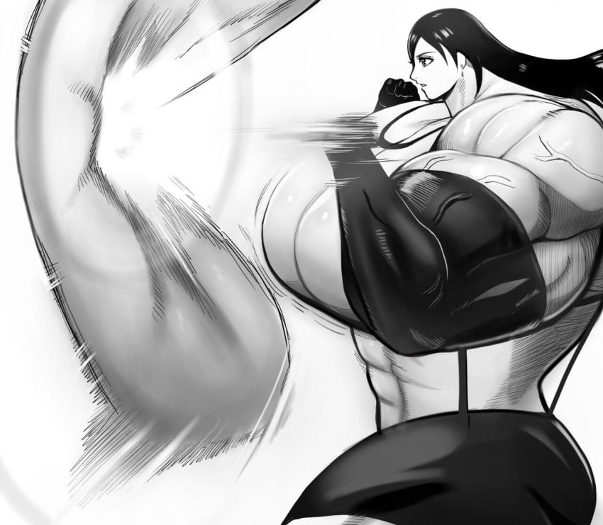 1girls beefy big_breasts big_girl black_and_white hyper_muscles large_biceps muscle_fetish muscular_female nikutsuki punching_bag tifa_lockhart