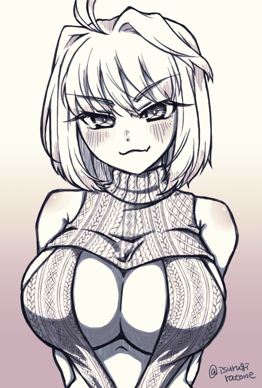 :3 alternate_breast_size arcueid_brunestud bare_shoulders big_breasts blush breast_focus breasts breasts_bigger_than_head cleavage cleavage_cutout clothing_cutout enormous_breasts flaunting greyscale highres huge_breasts isurugiratone large_breasts looking_at_viewer melty_blood meme_attire monochrome oerba_yun_fang seducing skin_fang smile smug top_heavy tsukihime type-moon upper_body virgin_killer_sweater