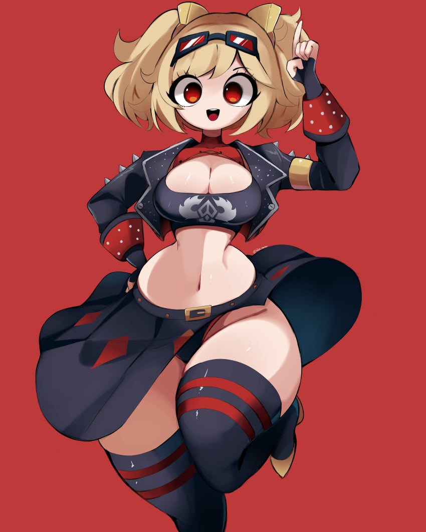 big_breasts blonde_hair bra burnice_white fingerless_gloves gazericc light-skinned_female massive_thighs red_eyes red_glasses rox_hoxten short_hair skirt spikes tagme thick_thighs thighhighs zenless_zone_zero