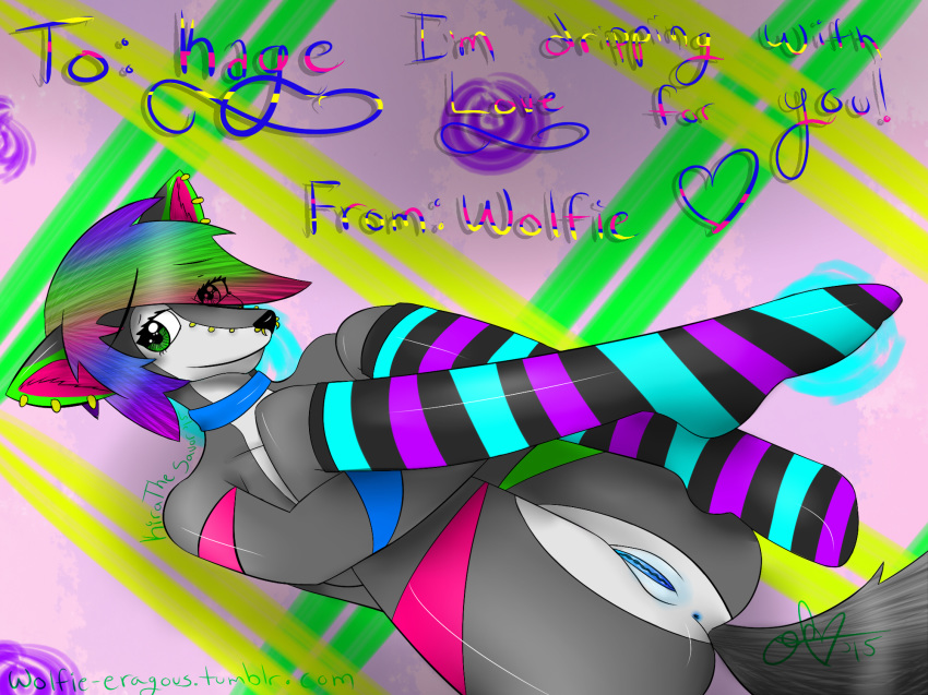 anthro anus canine collar fan_character female fur furry green_eyes hair kirathesavor mammal neon_markings piercing pussy socks solo wolf wolfie_nazuna