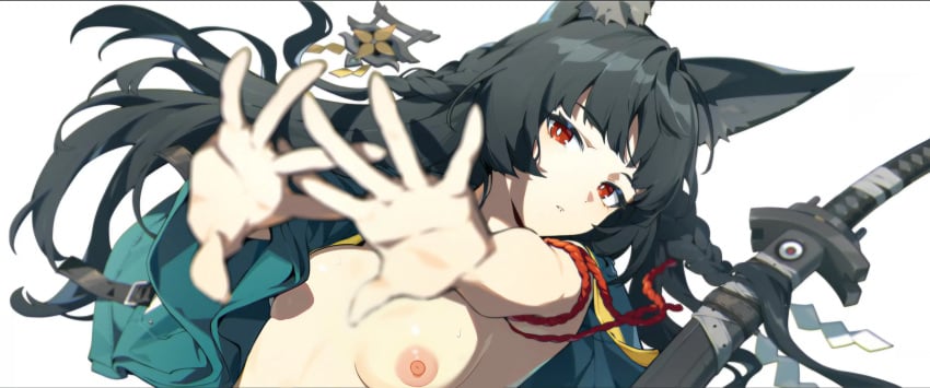 black_hair breasts edit female female_only fox_ears fox_girl hoshimi_miyabi kemono kemonomimi nipples nude nude_female red_eyes small_breasts smaller_female solo sweat sword waifu_diffusion waligner zenless_zone_zero