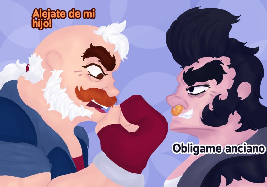 2boys bara bear beard big_muscles brawl_stars bull_(brawl_stars) comic comic_panel daddy dilf domination duo gay moustache muscles muscular muscular_male sam_(brawl_stars) silverk spanish_text text