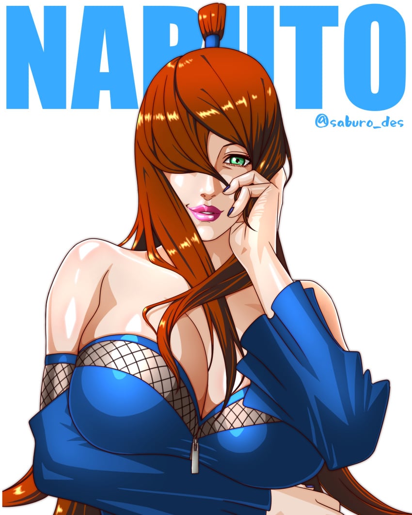 arm_under_breasts blue_dress breasts brown_hair detached_sleeves dress female green_eyes hair_over_one_eye hand_on_own_face highres large_breasts lipstick long_hair long_sleeves looking_at_viewer makeup mei_terumi nail_polish naruto naruto_(series) naruto_shippuuden presenting_breasts purplw_nails saburo_des sidelocks smile strapless strapless_dress terumi_mei topknot twitter_username upper_body white_background zipper