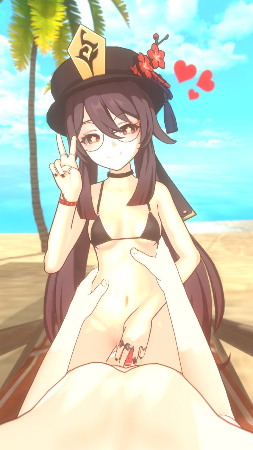 1boy 1girls 3d 3d_(artwork) beach black_nails brown_hair choker cowgirl_position flower-shaped_pupils genshin_impact glasses happy hat heart_symbol highres holding_waist horn hu_tao_(genshin_impact) long_hair looking_at_viewer lying_on_back nude ocean outdoors palm_tree partially_nude penis petite pov public_nudity public_sex pussy pussyjob red_eyes round_glasses sand sansonnsfw sky small_breasts smile straddling touching_penis twintails v_sign wholesome