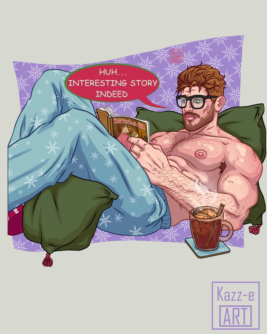 1boy 1male abs armpit_hair ass bodyhair chest_hair drink duffy_(kazz-e_art) glasses green_eyes kazz-e_art male male_only pajamas pecs pillow pin_up reading red_hair stubble teasing text_bubble xmas