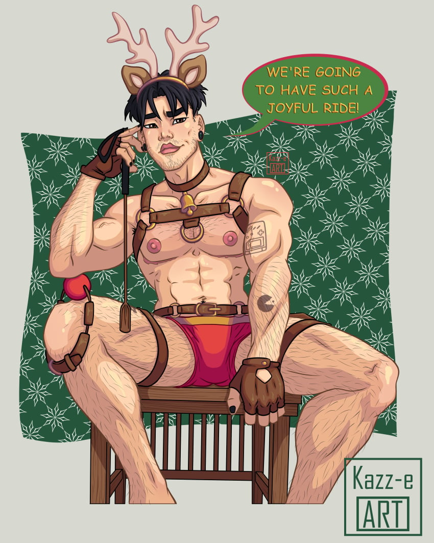 1boy 1male abs asian asian_male ass black_hair dark_eyes ear_piercing kazz-e_art kyle_(kazz-e_art) male male_only painted_nails pecs pin_up reindeer_antlers stubble tattoo teasing text_bubble trans_man xmas