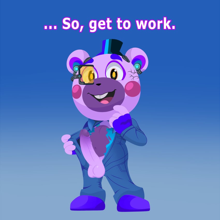 1:1 absurd_res anthro bear blue_clothing bodysuit buckteeth clothed clothing dialogue digital_creature ear_piercing ear_ring enookie fingerless_gloves five_nights_at_freddy's five_nights_at_freddy's:_security_breach five_nights_at_freddy's:_security_breach_ruin footwear genitals gloves glowing glowing_eyes handwear hat headgear headwear helpi_(fnaf) hi_res male mammal mechanic_outfit open_clothing open_mouth open_smile penis piercing pink_cheeks presenting purple_clothing ring_piercing scottgames shoes skinsuit smile solo steel_wool_studios teeth tight_clothing top_hat torn_clothing vein veiny_penis wide_eyed yellow_eyes