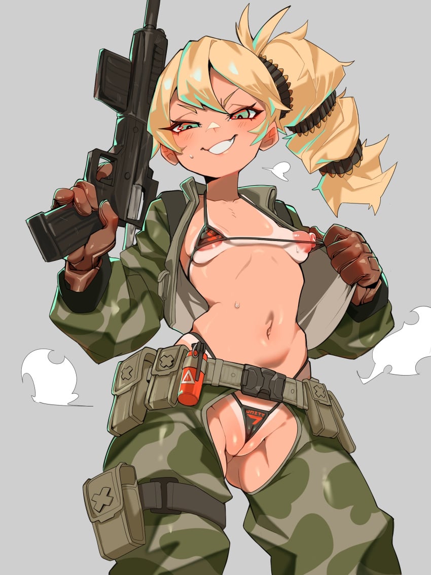 absurdres belt bikini bikini_tan brown_gloves camouflage commentary cropped_jacket english_commentary eyelashes female finger_on_trigger frontal_wedgie gloves grey_background grin gun highres holding holding_gun holding_weapon jacket micro_bikini multi-tied_hair navel nipples open_clothes open_jacket original petite pouch puffy_nipples pulling_own_clothes pussy revealing_clothes side_ponytail simple_background slurp_nsfw smile smoke_grenade solo submachine_gun sweat swimsuit tactical_clothes tan tanlines thigh_pouch tsurime utility_belt v-shaped_eyebrows weapon