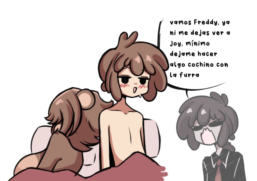 after_sex big_ass big_breasts brown_hair crossover el_donutz_karnal fhs fhsz3r0 fnafhs fnafhs_z3ro fnafhsrule34 fred_(fnafhs) freddy_(fnafhs) fredina's_nightclub fredina_(cally3d) furry on_bed school_uniform sleeping_female sleeping_nude smaller_male spanish_text taller_female