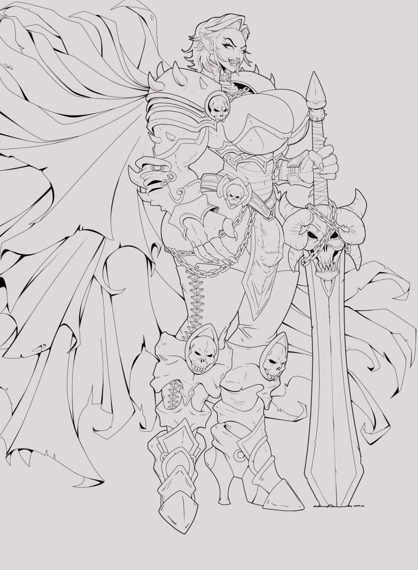 armor big_breasts big_butt big_sword black_and_white bulge bulge_through_clothing bulge_under_clothes cloak collar death_knight fantasy fingerless_gloves futa_only futanari line_art loincloth loincloth_bulge menacing muscle_futanari muscular_futanari no_pupils orc orc_futanari solid_eyes spiked_collar thigh_highs thighhighs warcraft warrior_(warcraft) white_background white_eyes world_of_warcraft