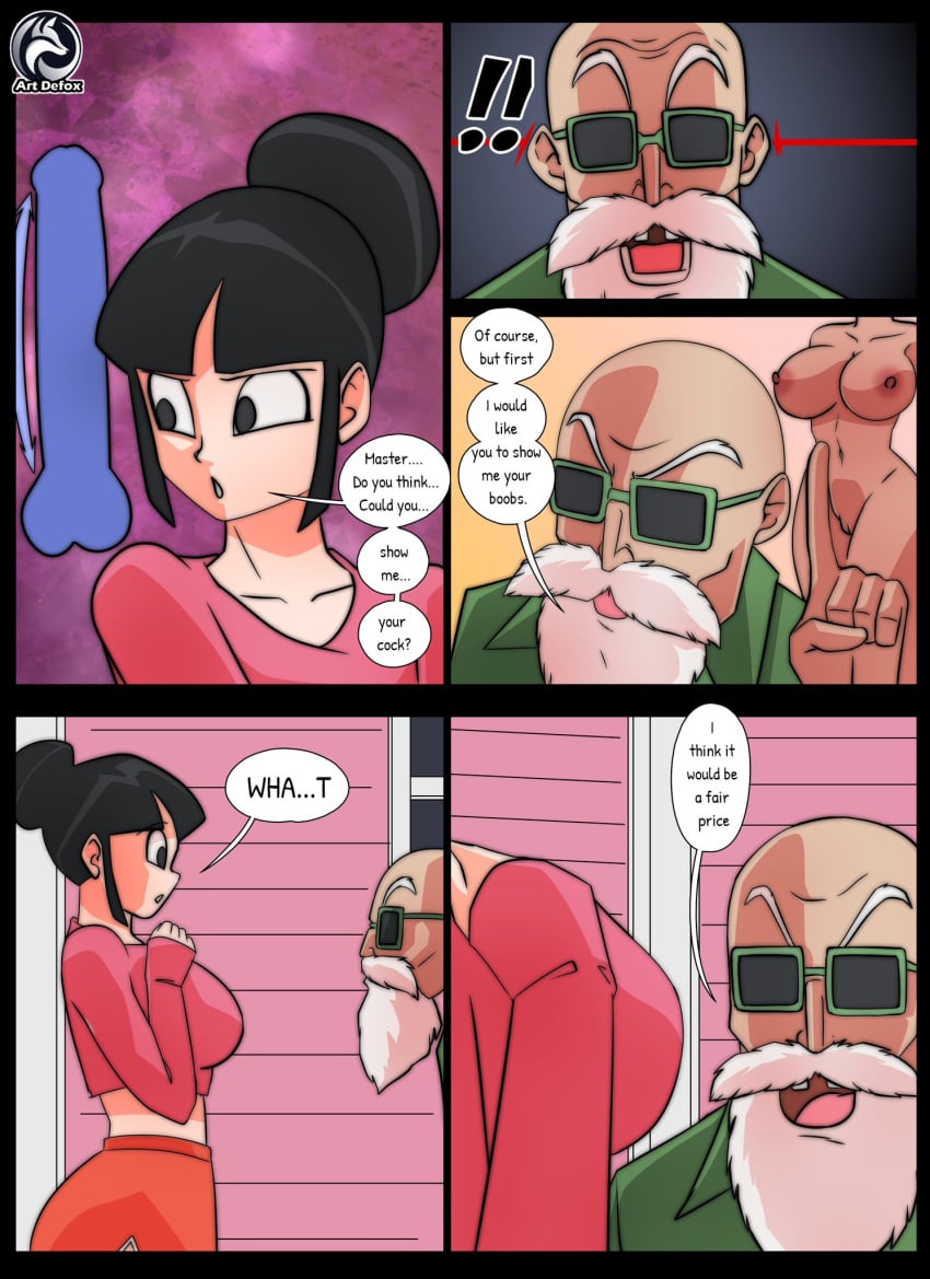 artdefox big_breasts chichi comic comic_page curious curvy_body dragon_ball dragon_ball_z master_roshi older_male younger_female