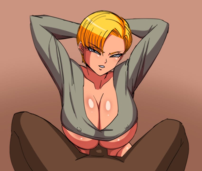 android_18 blonde_hair blue_eyes boobjob cleavage cuckold dark-skinned_male darwaarts dragon_ball dragon_ball_super dragon_ball_z hands-free_paizuri huge_breasts paizuri paizuri_under_clothes