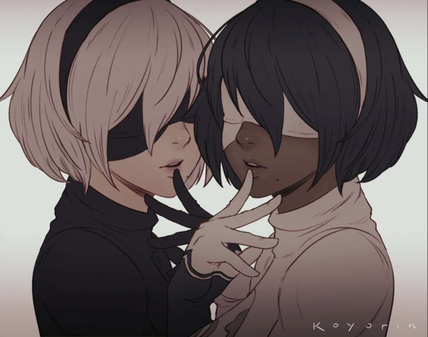 2girls athletic black_hair blindfold chocolate_and_vanilla dark-skinned_female female female_only female_protagonist gloves hairband interracial koyorin light-skinned_female nier:_automata parted_lips white_hair yorha_2b yorha_2p