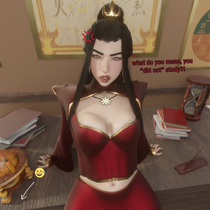 aged_up angry avatar_legends avatar_the_last_airbender azula black_hair dark_hair desk earrings female hair_ornament light-skinned_female light_skin medium_breasts midriff milf mslewd nickelodeon nicktoons nose_piercing school solo teacher text tummy