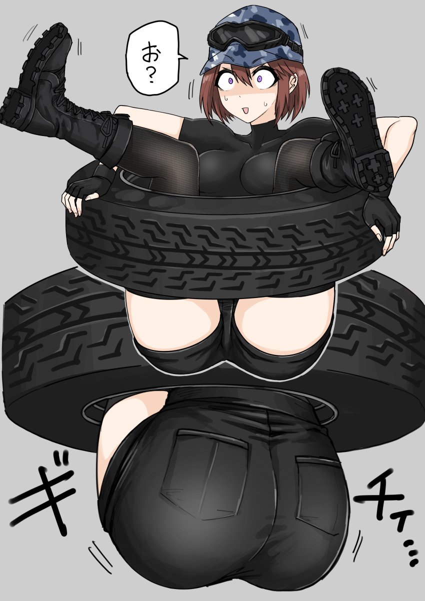 1girls ass ass big_ass big_butt brown_hair brown_hair brown_hair_female brunette_hair clothed clothed_female female female_focus female_only light-skinned_female light_skin shocked shocked_expression solo solo_female solo_focus stuck stuck_in_object suprised surprised_expression tire trapped