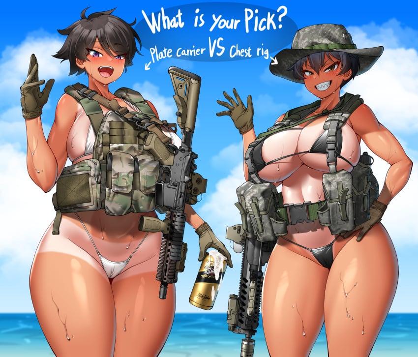 2girls ^^^ absurdres black_hair blue_eyes blush boonie_hat breasts brown_gloves camouflage camouflage_headwear collarbone cowboy_shot gloves hand_on_own_hip highres hitch_(hitch_driessen/perotoss400/kirochef) hitch_(perotoss) huge_breasts large_breasts looking_at_viewer medium_hair multiple_girls navel open_mouth original outdoors rokmc_chan sharp_teeth short_hair smile strangling tan tanlines teeth thick_thighs thighs toned water wet yellow_eyes