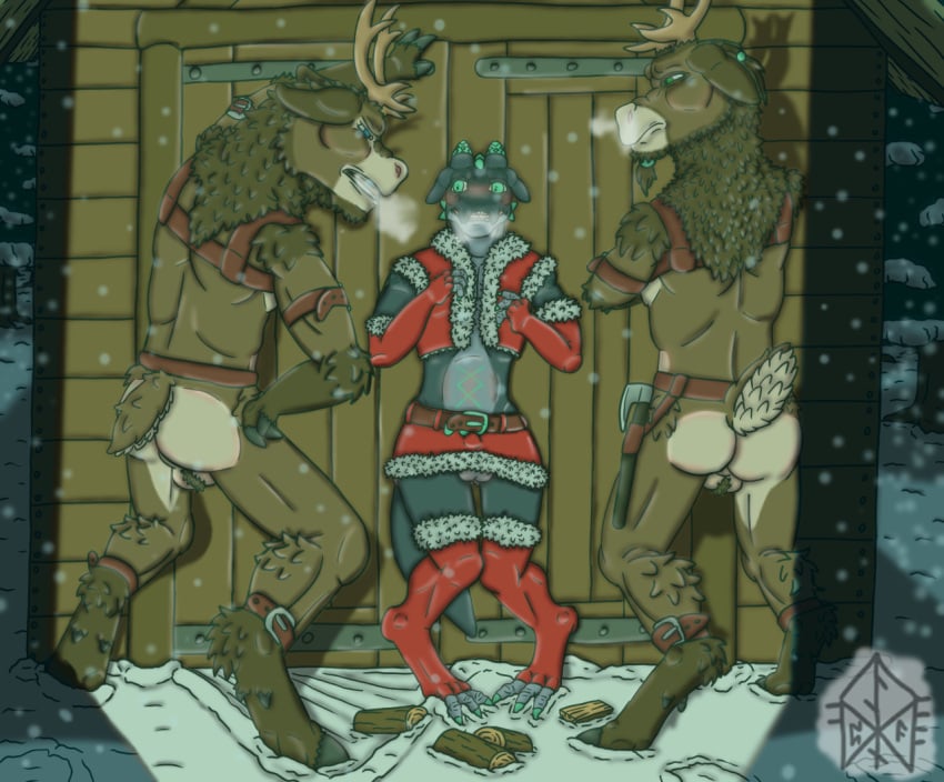 angry anthro antlers armwear ass axe balls balls_blush belly_blush belt blue_body blush body_blush bottomwear brown_body brown_fur cervine christmas christmas_clothing claws clothed clothing cornered crossdressing deer digital_media_(artwork) dragon dynoddiprydain elbow_gloves erection erection_under_skirt evergreen_tree feet femboy fertility_rune fertility_tattoo finger_claws fingers firewood forest freyr fur genitals gloves green_claws green_eyes green_horn green_markings group handwear holidays hooved_fingers hooved_toes hooves horn hybrid imminent_anal imminent_oral imminent_rape imminent_sex imposing jewelry knock-kneed kobold legwear light lighting looking_at_another looking_at_genitalia looking_at_penis male male/male male_focus male_only mammal markings miniskirt mythological_creature mythological_scalie mythology new_world_deer nude open_mouth partially_clothed penis pine_tree plant red_armwear red_clothing red_elbow_gloves red_gloves red_handwear red_legwear red_miniskirt red_thigh_highs reindeer scalie scared size_difference skimpy skirt snow storage_room story story_in_description submissive tail teeth thigh_highs toe_claws toes tongue tree trio wood