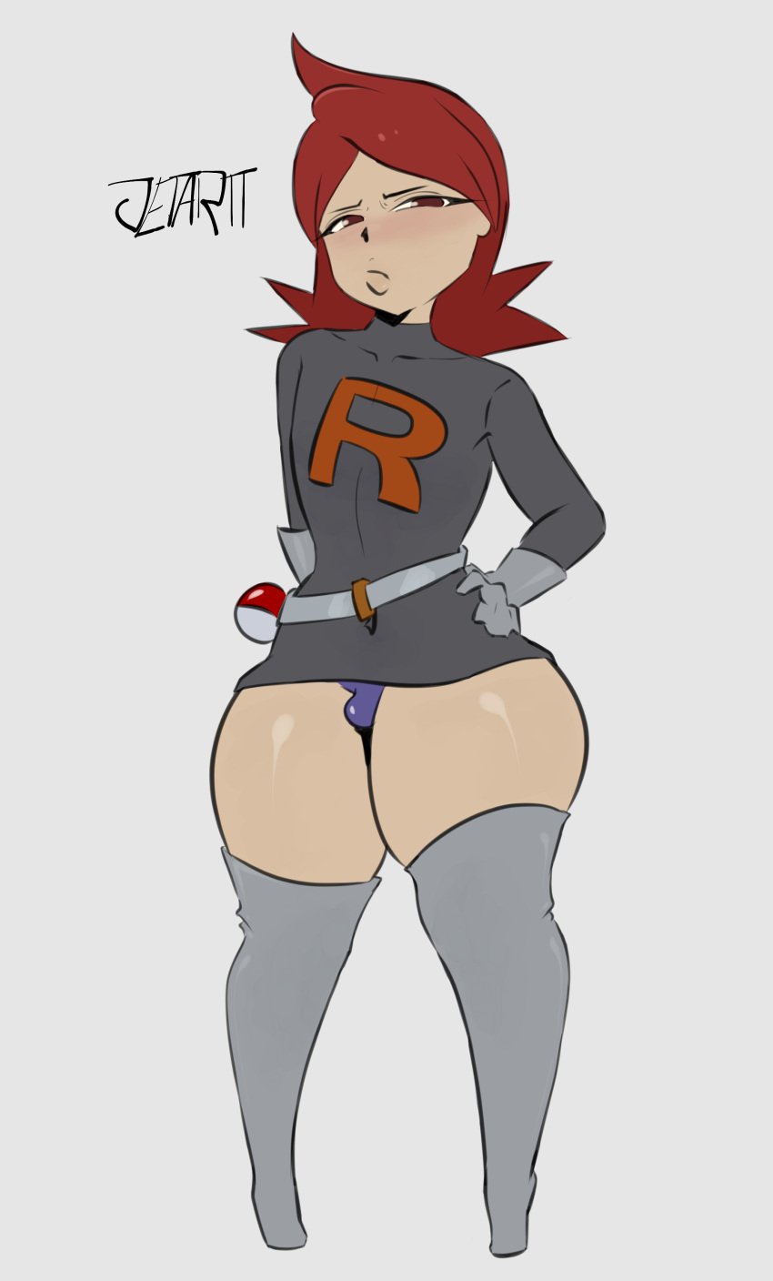 1boy 1femboy 1male bulge crossdressing femboy gloves hand_on_hip jetartt male male_focus male_only otoko_no_ko pokeball pokemon pokemon_gsc pout silver_(pokemon) solo solo_focus team_rocket team_rocket_grunt thick_legs thick_thighs thighs