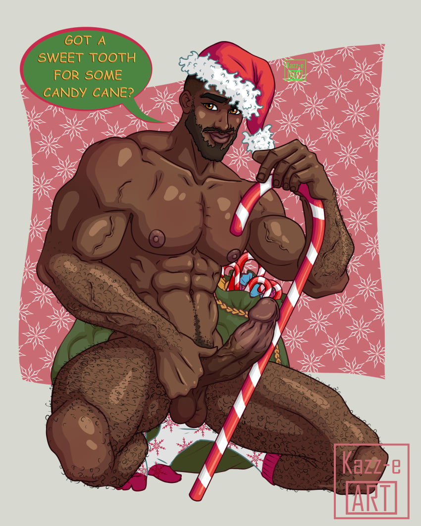 1boy 1male abs african african_male ass beard big_cock big_muscles big_penis black_hair black_penis candy_cane dark_skin deon_(kazz-e_art) kazz-e_art male male_only muscles pecs pin_up santa_hat teasing text_bubble veins veiny_penis xmas