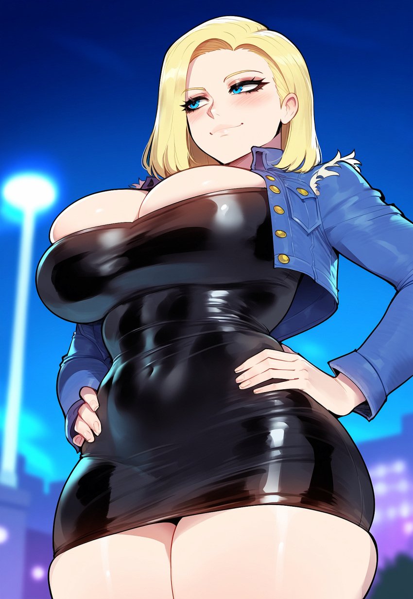 ai_generated android_18 black_dress blonde_hair blue_eyes blush breasts dark-skinned_male dragon_ball dragon_ball_z female huge_breasts juuicyai massive_ass massive_breasts nipples yellow_hair