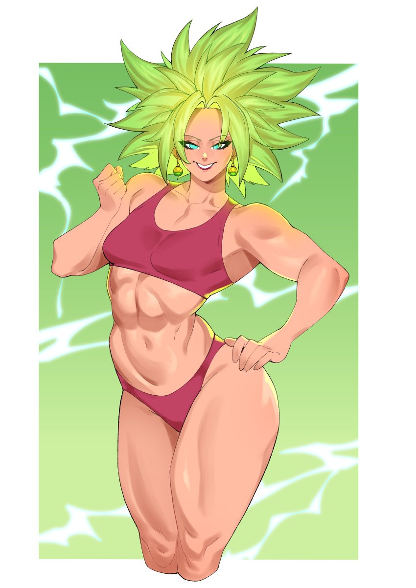 1girls abs bottomwear breasts clothing dragon_ball drakkaiart ear_piercing earrings female green_eyes green_hair gym_clothes hips kefla legs muscles muscular muscular_female solo solo_female spiky_hair sports_bra sports_uniform sportswear thick_thighs thighs thong topwear wide_hips