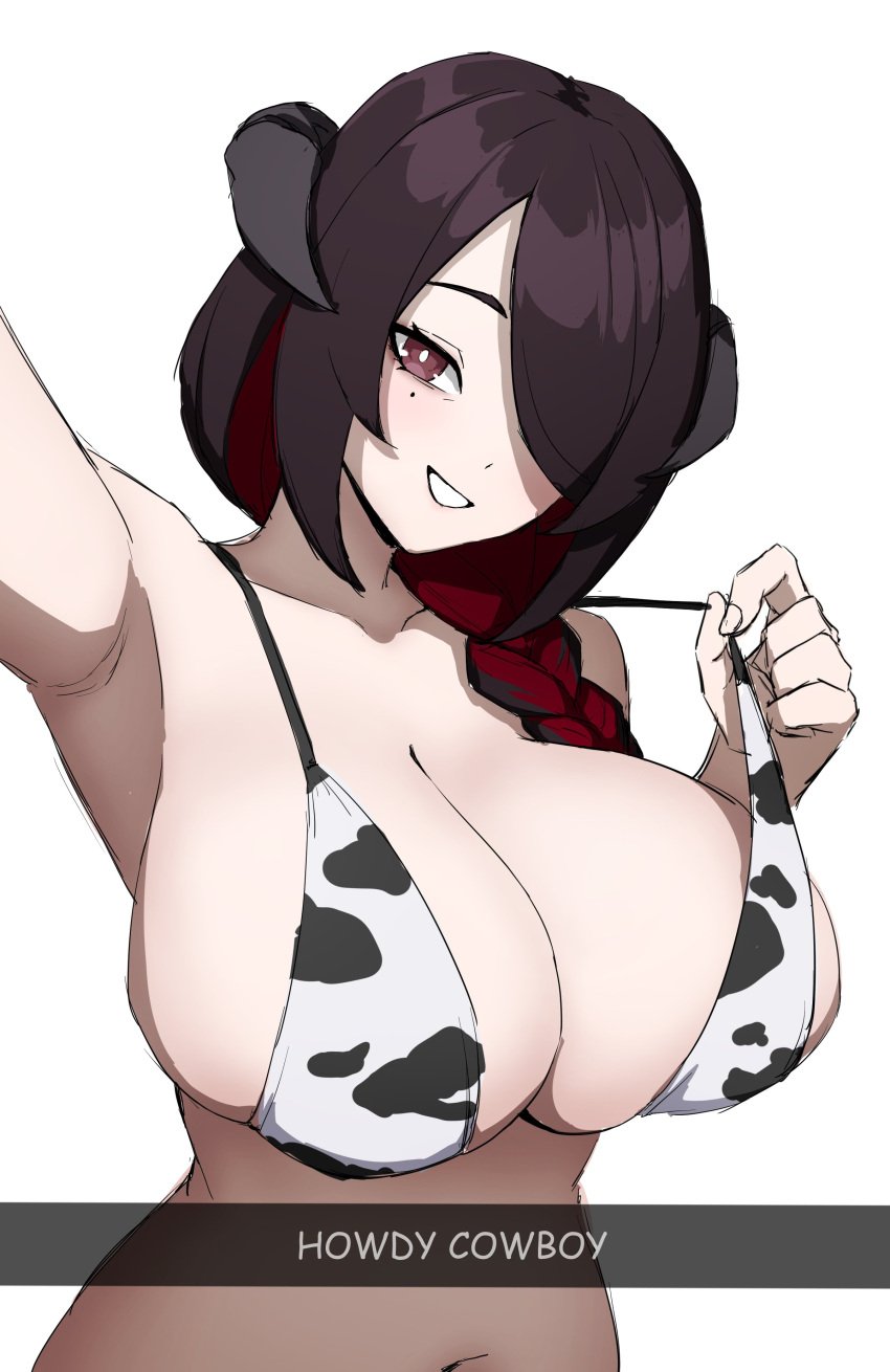 1girls beauty_mark braid brown_hair colored_inner_hair cow_print dayyo_(daydarion/day-chan) demon_girl demon_horns female female_only hair_over_one_eye hololive hololive_english hololive_english_-advent- horns huge_breasts light-skinned_female light_skin long_hair mamarissa mature_female milf mole mole_under_eye multicolored_hair red_hair solo upper_body white_background